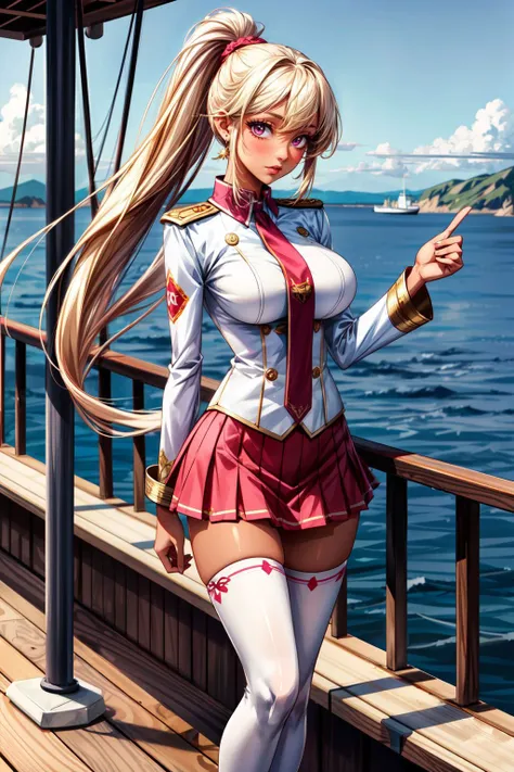 1girl, large breasts, dark tan skin, pink eyes, very long hair, blonde hair, high ponytail, white (naval uniform:1.2) with golden tassels, white miniskirt, white thighhighs, beautiful and detailed artwork, standing straight-on, outdoors, on ship, ship deck, sun motifs, <lora:add_detail:1>