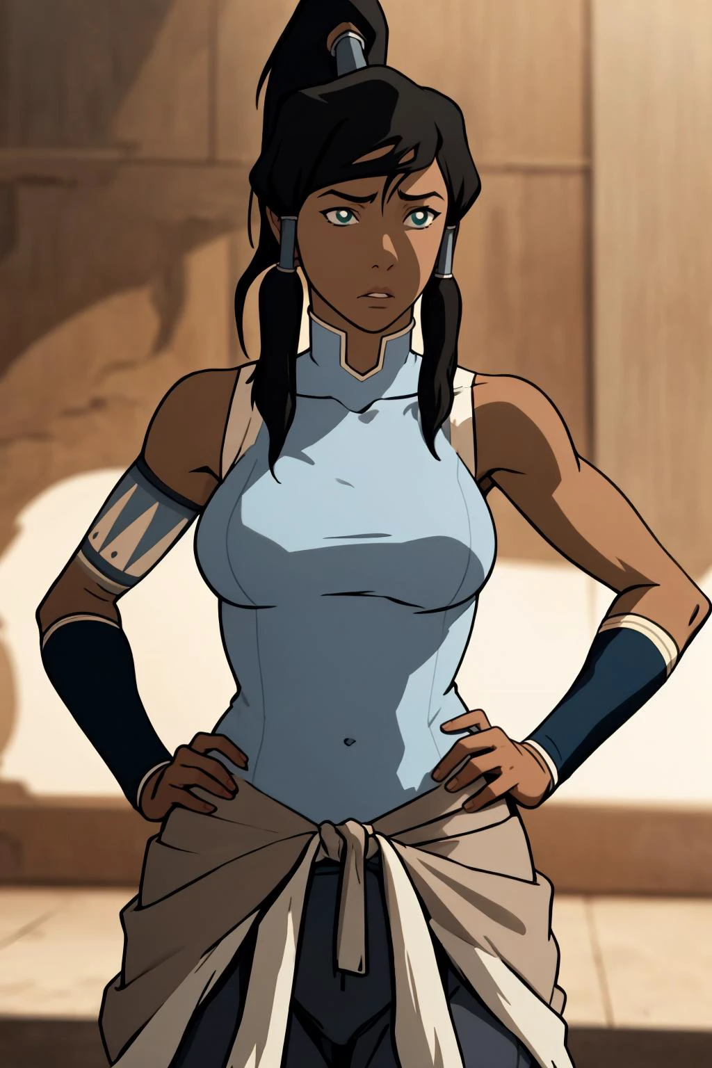 masterpiece, best quality, Mature female, <lora:Korra_v3:.95> korra, long hair, black hair,, bare shoulders, medium breasts, ponytail, hand on hip, hair tubes, armlet, vambraces, topknot,, casual