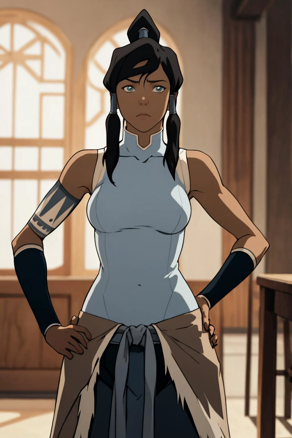 masterpiece, best quality, Mature female, <lora:Korra_v3:.95> korra, long hair, black hair,, bare shoulders, medium breasts, ponytail, hand on hip, hair tubes, armlet, vambraces, topknot,, whole-body