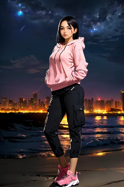 (masterpiece, best quality, ultra detailed, absurdres:1.5), 1girl, (sexy, beautiful woman, perfect face, perfect eyes, perfect female body:1.5), (edgPinay_woman, edgPinay_face, edgPinay_body, <lora:edgPinayDollLikeness:0.8>, edgpastelgoth, a woman in a [blue|red|black|white|purple|pink] hoodie and cargo pants, wearing edgpastelgoth, <lora:edgPastelHoodies:0.8>), (full body, standing, outdoors, marketplace, Manila cityscape in background, night sky), perfect lighting, smooth, hdr