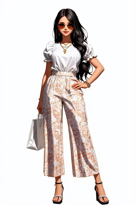 ((Masterpiece, best quality)),absurdres,HDR,8k,excited,smirking,sunglasses,
edgPalazzo_pants, 1girl, solo, long hair, simple background, shirt, black hair, white background, holding, jewelry, standing, full body, white shirt, short sleeves, earrings, shoes, puffy sleeves, pants, bag, high heels, hand on hip, sandals, hoop earrings, holding bag, fashion , wearing edgPalazzo_pants,stylish print
 <lora:edgPalazzo_pants:0.775>
