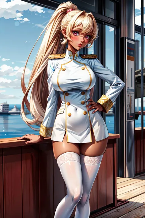Platinum long hair blonde, big fake breasts, tanktop, long sleeves, booty shorts, thick white latex platform 50inch heels, tongue sticking out, standing, legs spread out, captain sailor hat, thick thighs, big butt, Big white metal chocker, Bimbo, big golden loop earrings, full body. Long legs, sliver plated belt, Big lips, diamond navel piercing.