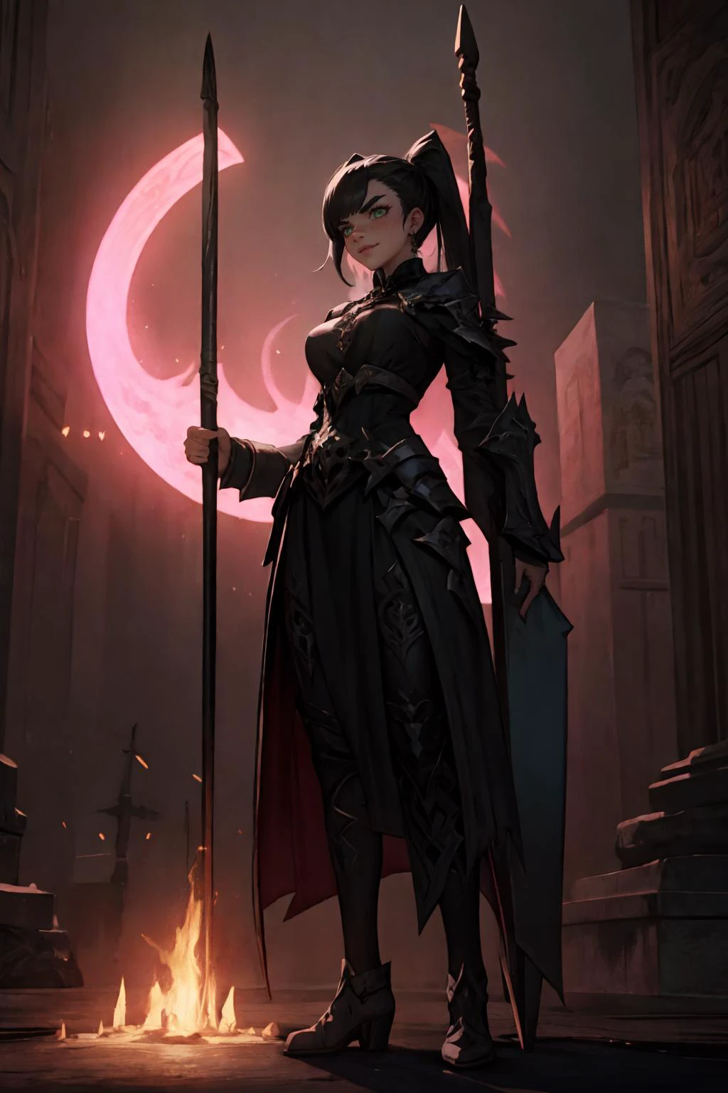 highres, masterpiece, perfect lighting, bloom, cinematic lighting, adult, female, looking at viewer, (RSEEmma:1.5),<lora:RSERomantic_RSESofiko_RSEEmma-v1:0.3>, <lora:DRK_Fashion:0.8> drk_glam, wearing drk_glam, <lora:UnlimitedBladeWorks1.6:0.8> Scythe, holding, weapon, holding weapon, side-swept bangs, black hair, pink IncursioDipDyedHair, <lora:DipDyedHair:1> messy mid ponytail, green eyes, thick eyebrows, freckles, smug, smirk, angry, ancient temple, dark magic, ominous, rituals, arcane symbols, shadowy, eerie, mystical, foreboding, ancient artifacts, sacrificial, cryptic inscriptions, forbidden knowledge, occult practices, mysterious energy, esoteric, sinister, hidden power, eerie atmosphere, cursed, enchanted, otherworldly, malevolent, haunting, supernatural, ancient rituals