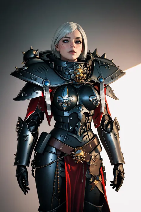 ((Masterpiece, best quality,edgQuality)),solo,1girl,
edgAdepta, short hair, white hair, gauntlets, spikes,wearing edgAdepta,power armor,shoulder armor,skull emblem
<lora:edgWar40KAdeptaSororitas:1>