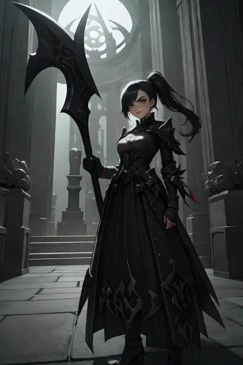 highres, masterpiece, perfect lighting, bloom, cinematic lighting, adult, female, looking at viewer, (RSEEmma:1.5),<lora:RSERomantic_RSESofiko_RSEEmma-v1:0.3>, <lora:DRK_Fashion:0.8> drk_glam, wearing drk_glam, <lora:UnlimitedBladeWorks1.6:0.8> Scythe, holding, weapon, holding weapon, side-swept bangs, black hair, pink IncursioDipDyedHair, <lora:DipDyedHair:1> messy mid ponytail, green eyes, thick eyebrows, freckles, smug, smirk, angry, ancient temple, dark magic, ominous, rituals, arcane symbols, shadowy, eerie, mystical, foreboding, ancient artifacts, sacrificial, cryptic inscriptions, forbidden knowledge, occult practices, mysterious energy, esoteric, sinister, hidden power, eerie atmosphere, cursed, enchanted, otherworldly, malevolent, haunting, supernatural, ancient rituals