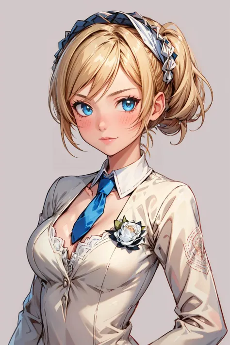 ((Masterpiece, best quality,edgQuality)), solo,1girl, gentle, edgCosette, blue degen_necktie, dress, cleavage, looking at viewer, blush, blonde hair, simple background, <lora:edgRosaCosettedElise:.8> <lora:Degen-Emily:.85>