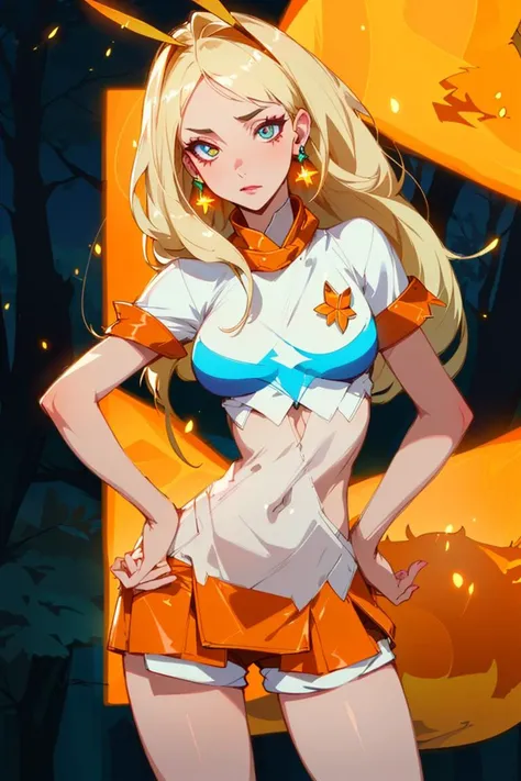 3/4 body shot, Hooters,<lora:HootersV1:0.7>, blonde hair, extremely detailed hair, orange-rimmed white shorts, short white shirt, clothing:tight, miranda kerr