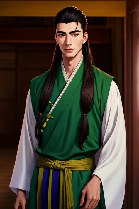 Masterpiece, highly detailed,absurdres, fine detail, HDR, 
handsome FH_man,sharp, contrast, realistic drawing, tall dark haired chinese man,greeneyes, wearing green traditional hanfu chlothes, long hair, topknot, analog style, face focus, handsome face, ikemen, standing up, smiling to the viewer, ikemen,masculine FH_face, fit FH_body
 <lora:edgBekoIkemenWorld:0.7>
