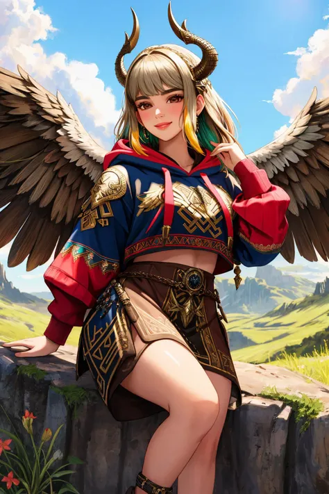 Masterpiece, absurdres, fine detail, HDR,beautiful smile, highly detailed facial features, Dua Lipa, multicolor fabric, hoodie, a [woman|walkure] posing for a picture , wearing [walkure_armor, viking|hoodie], WINGS, viking,norse setting <lora:ValkHoodie:0.75>