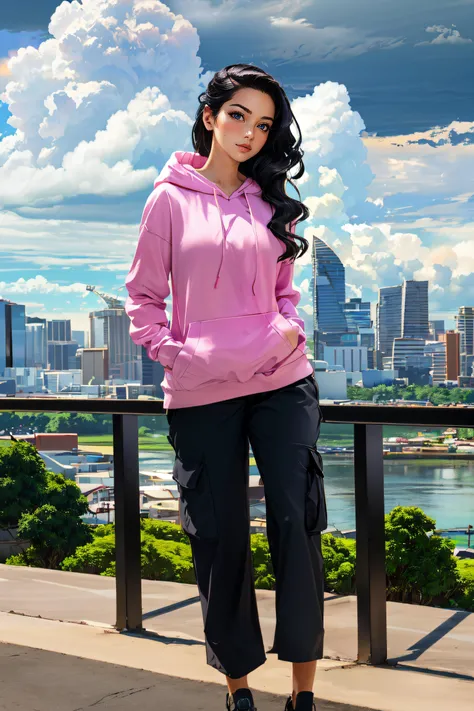(masterpiece, best quality, ultra detailed, absurdres:1.5), 1girl, (sexy, beautiful woman, perfect face, perfect eyes, perfect female body:1.5), (edgPinay_woman, edgPinay_face, edgPinay_body, <lora:edgPinayDollLikeness:0.8>, edgpastelgoth, a woman in a purple hoodie and cargo pants, wearing edgpastelgoth, <lora:edgPastelHoodies:0.8>), (full body, standing, outdoors, Manila cityscape in background, cloudy sky), perfect lighting, smooth, hdr