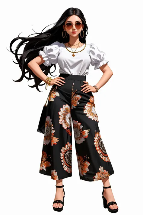 ((Masterpiece, best quality)),absurdres,HDR,8k,excited,smirking,sunglasses,
edgPalazzo_pants, 1girl, solo, long hair, simple background, shirt, black hair, white background, holding, jewelry, standing, full body, white shirt, short sleeves, earrings, shoes, puffy sleeves, pants, bag, high heels, hand on hip, sandals, hoop earrings, holding bag, fashion , wearing edgPalazzo_pants,stylish print
<lora:edgPalazzo_pants:0.775>