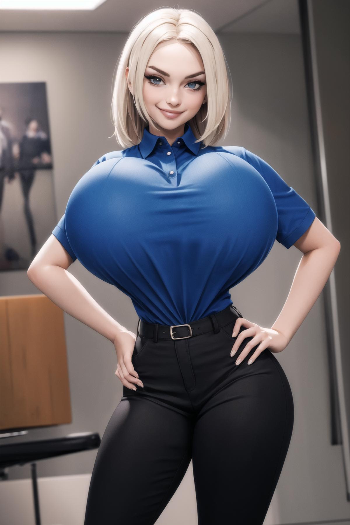 A woman in a blue shirt and black pants posing for a picture - SeaArt AI