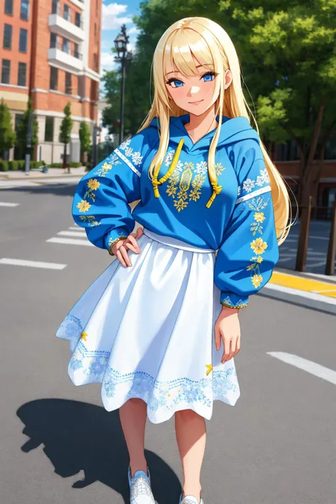 Masterpiece, absurdres, fine detail, HDR,hoodie,blue,yellow, blonde woman,beautiful smile, highly detailed facial features, floral embroidery, hoodie, a woman posing for a picture , wearing [edgVyshivanka|hoodie],edgVyshivanka style embroidery edgVyshivanka style embroidery, wearing edgVyshivanka, 1girl, solo, long hair, looking at viewer, smile, blue eyes, blonde hair, dress, standing, full body, white dress, hand on hip, sash, white footwear, skirt hold, photo background <lora:VyshivankaHoodies:0.88>