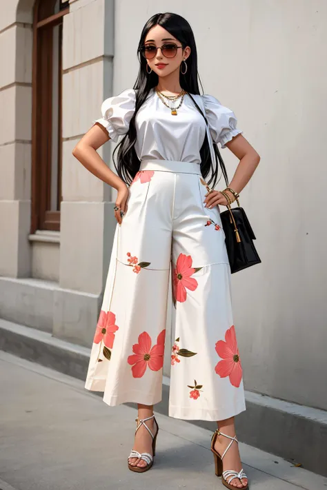((Masterpiece, best quality)),absurdres,HDR,8k,excited,smirking,sunglasses,
edgPalazzo_pants, 1girl, solo, long hair,  shirt, black hair, jewelry, standing, full body, white shirt, short sleeves, earrings, shoes, puffy sleeves, pants,  high heels, hand on hip, sandals, hoop earrings,fashion , wearing edgPalazzo_pants,stylish floral print
<lora:edgPalazzo_pants:0.775>