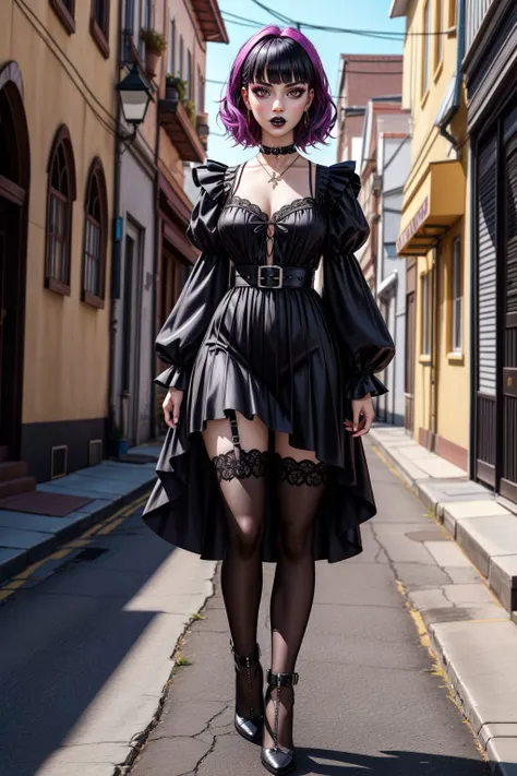 (masterpiece, best quality:1.2), SFW, (goth girl:1.1), skinny, narrow waist, gothic, standing straight-on, facing viewer, (black gothic style street wear), casual goth wear, purple/black hair, two-tone hair, medium hair, blunt bangs, orange eyes, heavy goth makeup, black lips, black eyeshadow, jewelry, body portrait, outdoors, crowded, people in background, blurry background, trending on artstation, hyper detailed, realistic, 8k HDR,  <lora:add_detail:0.5>, detailed skin texture, (blush:0.5), (goosebumps:0.5), subsurface scattering