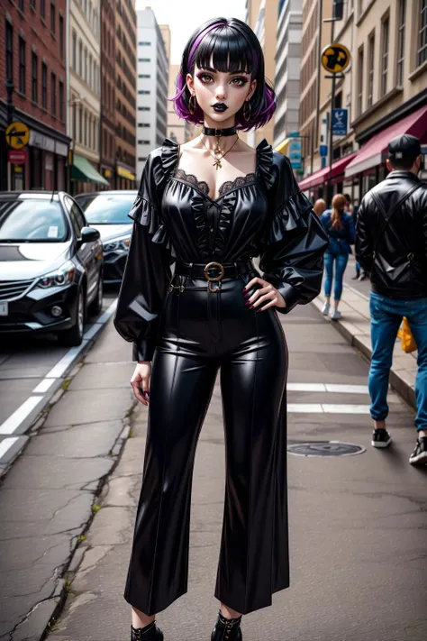 (masterpiece, best quality:1.2), SFW, (goth girl:1.1), skinny, narrow waist, gothic, standing straight-on, facing viewer, (black gothic style street wear), casual goth wear, purple/black hair, two-tone hair, medium hair, blunt bangs, orange eyes, heavy goth makeup, black lips, black eyeshadow, jewelry, body portrait, outdoors, crowded, people in background, blurry background, trending on artstation, hyper detailed, realistic, 8k HDR, <lora:add_detail:0.5>, detailed skin texture, (blush:0.5), (goosebumps:0.5), subsurface scattering