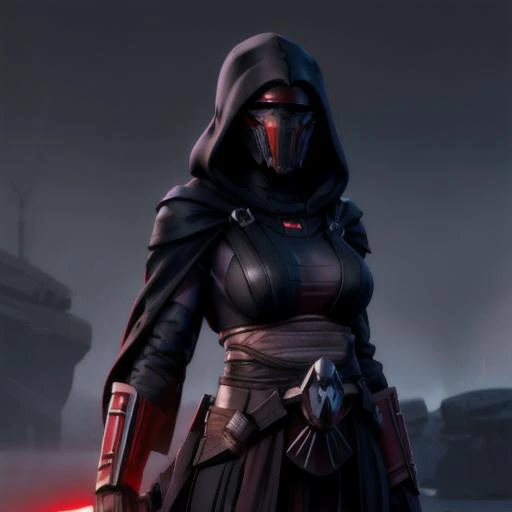 (1girl large breasts), bust upper body shot, Revan Raiment, black robes, star wars, standing, mask <lora:revanarmor:.6>