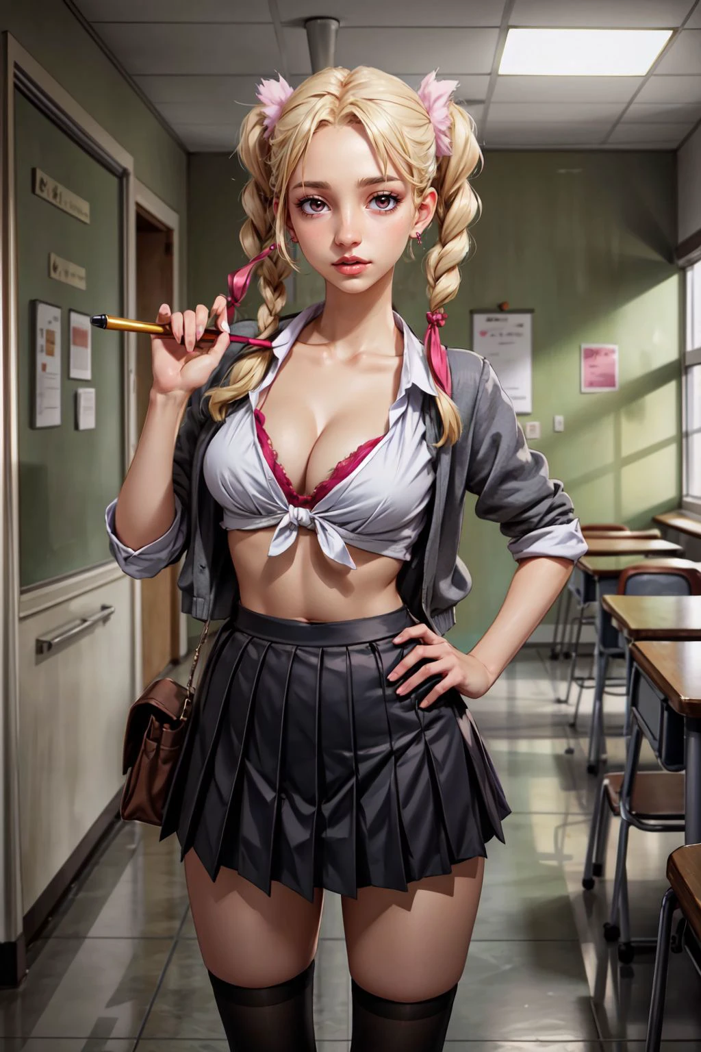 masterpiece, best quality, ultra detailed, detailed face, 1girl, edgHitMeBaby, long hair, twin braids, (two-tone hair:1.2), multicolored eyes, narrow waist, large breasts, cleavage, edgHitMeBaby_hairstyle, edgHitMeBaby_outfit, school uniform, midriff, miniskirt, (standing straight-on:1.2), indoors, classroom, school, realistic, photo \(medium\), photo background, realistic skin texture, detailed background, beautiful and detailed artwork, <lora:add_detail:0.5> <lora:edgHitMeBaby1:0.75>
