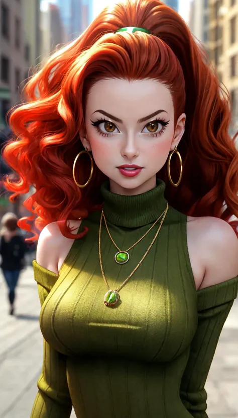 young woman francescacapaldi, wavy red hair, brown eyes, green turtleneck sweater, hoop earrings, gold pendant necklace, city background