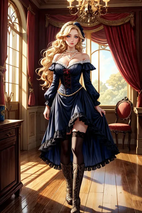 ultra detailed 8k cg, ultra realitsic, masterpiece, best quality, intricate, spotlight, cinematic lighting, cinematic bloom, professional photography, cowboy shot, 1girl, standing (straight-on:1.2), absurdly long hair, very long hair, yellow hair, detailed eyes, divine goddess, huge breasts, breasts out, gorgeous female, The Flirty Can-Can: A frilled and ruffled off-the-shoulder dress with a cinched waist and layers of colorful petticoats, finished with lace-up boots, lace-trimmed legwear, thighhighs, pearl necklace, gold, jewelry, shiny, glint, diamonds, looking at viewer, serious, formal, epic, grand curtains, indoors, detailed background, beautiful and detailed artwork, <lora:add_detail:0.6>