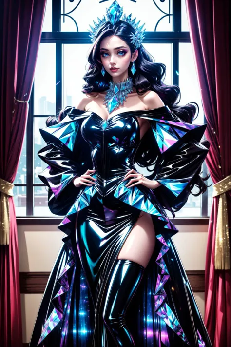 (masterpiece, best quality, highly detailed:1.2), professional photography, gorgeous female, beautiful female, 1girl, perfect body, realistic and detailed skin, large breasts, makeup, absurdly long hair, very long hair, amber hair, detailed eyes, huge breasts, The Regal Ruffles: A regal-inspired dress with cascading layers of ruffles, embellished with metallic accents and a jeweled crown, legwear, thighhighs, necklace, jewelry, shiny, looking at viewer, serious, formal, grand curtains, indoors, detailed background, beautiful and detailed artwork, <lora:add_detail:0.6> <lora:Outfit_soph-GlitchDress-Fixed:0.8> dr3ss, (Latex glitch crystal dress) crystal bodice, form-fitting, corruption, jewelry, choker, full length skirt, frills, off shoulder, sleeves