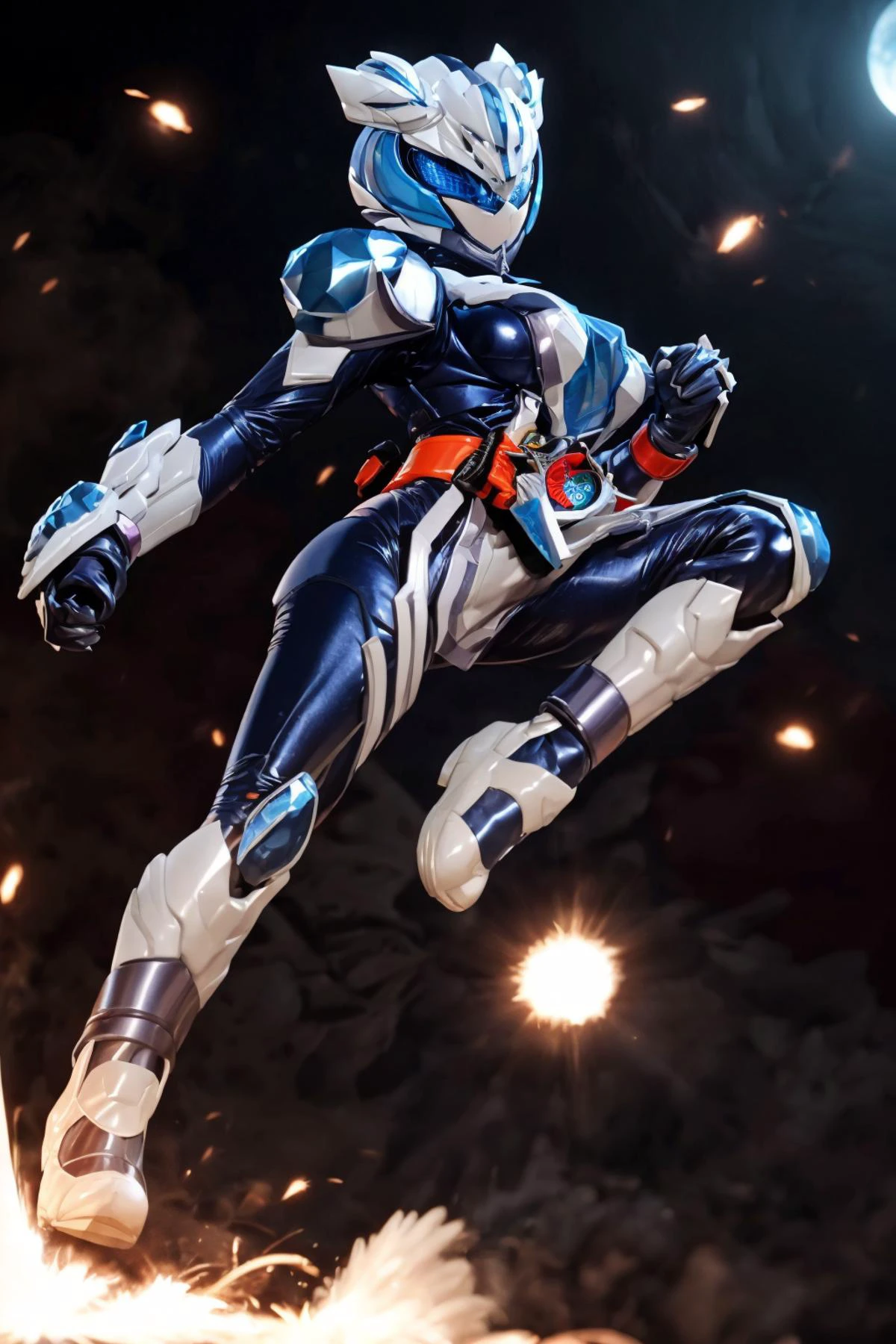 majademc, solo, 1girl, full body, female focus, from side,(perfect female body,large breasts, narrow waist, wide hips,thighs), tokusatsu, kamen rider, helmet, rider belt, blue eyes, compound eyes,skin tight blue bodysuit, pelvic curtain, white armor, blue breastplate, crystal, cerberus, boots, claw \(weapon\), claws, gauntlets, ring, dynamic pose, kicking, flying kick,side kick, explosion,rider kick,dutch angle,simple background, glowing background,moon, <lora:RiderKick:0.6> <lora:majademc:0.8>, hdr,bokeh,depth of field,glowing eyes,