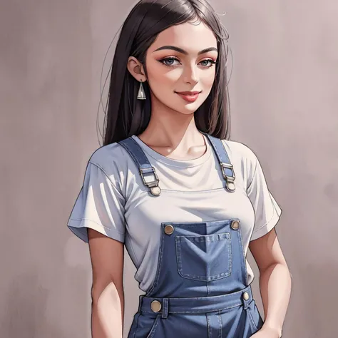 ((Masterpiece, best quality)),smile, best quality, masterpiece, (absurdly high resolution:1.4), t-shirt and long overalls, <lora:BRWoman:1>