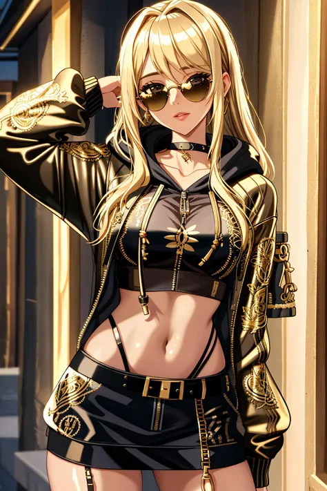 solo,1girl,4K, Masterpiece, highres, absurdres,blonde Nadia with sunglasses and a choker hoodie, edgNoire, a woman in a sheer see through ([black dress, short skirt|hoodie]::0.5), posing for a picture ,wearing edgNoire _(hoodie,leather belt, golden embroidery:1.2) <lora:edgNoireHoodies:0.8> <lora:Nadia:0.45>