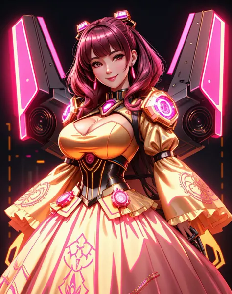 4K, Masterpiece, highres, absurdres,natural volumetric lighting and best shadows,ballgown,highly detailed face, highly detailed facial features,smiling,a woman in a (neon,mecha outfit,wearing edgMechaGirl cyber_armor:0.95) , (wearing a ballgown:1.05),cyberpunk setting,metallic embroidery,cowboy shot <lora:NeonGown:0.88>