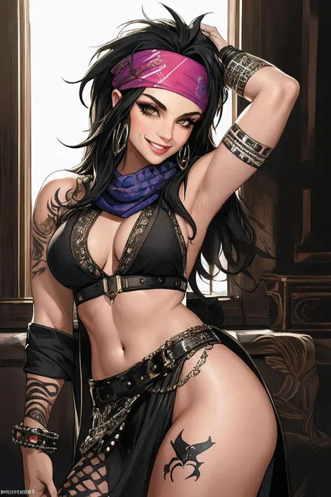 ((Masterpiece, best quality)),edgQuality
smiling,smug,
edgSP, a woman with tattoos and a bandana posing ,wearing edgSP_outfit
<lora:edgSteel_Panther:1>