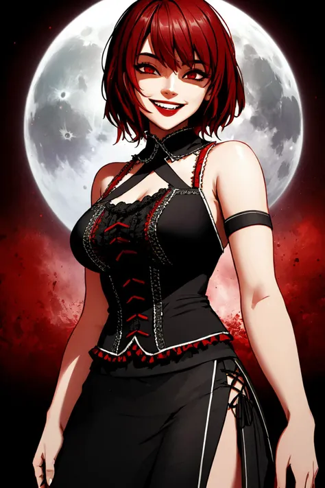 (dark:1.4), deep shadow, darkness, (moonlight:1.3), award winning photo, extremely detailed, amazing, fine detail, absurdres, highly detailed Asian woman, extremely detailed eyes and face, piercing red eyes, detailed clothes, skinny, (gothic), bangs, frills, skirt,red hair, by lee jeffries nikon d850 film stock photograph 4 kodak portra 400 camera f1.6 lens rich colors hyper realistic lifelike texture dramatic lighting unrealengine trending on artstation cinestill 800 tungsten, Style-Neeko, gesugao, woman with a gesugao facial expression, red eyes, creepy face, sadistic twisted expression,(evil smile, evil laugh:1.4),<lora:GesuGao:0.85>