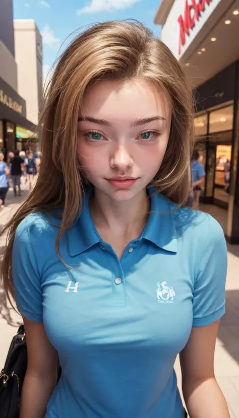 (masterpiece, best quality:1.2), (full shot:1.2), portrait of LizlolV1_TMs, slender fit body, (light brown hair), pale skin, blush, ((wearing a sky blue polo shirt)), standing, dynamic pose, in a mall