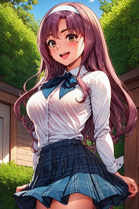 (masterpiece, best quality:1.2), cowboy shot, solo, 1girl, nicenature, nicenatureuniform, horse ears, smile, looking at viewer, arms behind back, jewelry, , huge breasts, street, short skirt, standing, from below, pubic hair, excessive pubic hair, shiny cloth,