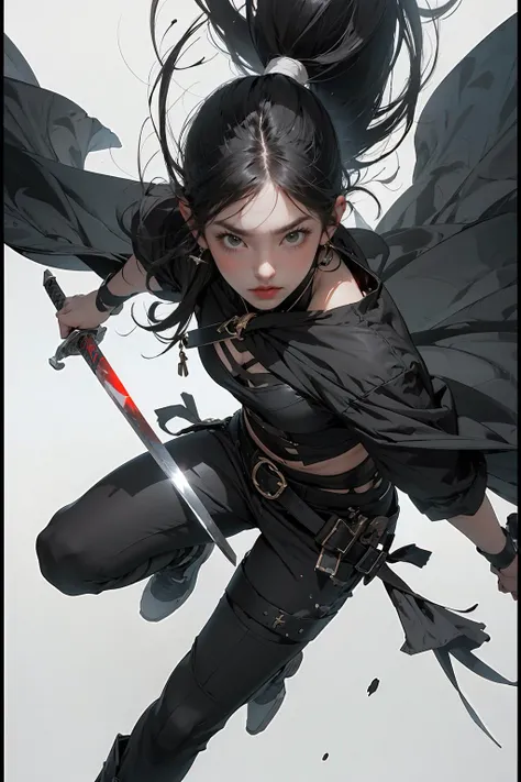 1girl,weapon,sword,long hair,black hair,holding,white background,solo,holding weapon,blood,holding sword,arm guards,simple background,male focus,blood on weapon,looking at viewer,black eyes,tabi,floating hairfull body,