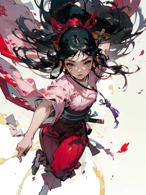 Best quality,masterpiece,ultra high res,(photorealistic:1.4)1girl,japanese girl,weapon,sword,ong hair,black hair,ponytail, japanese clothes,kimono,long hair,black hair,hakama,floating hairfull body,detailed face, ((upper body)), <lora:wuxia:0.7>, <lora:sakura:0.9>, meiji street background