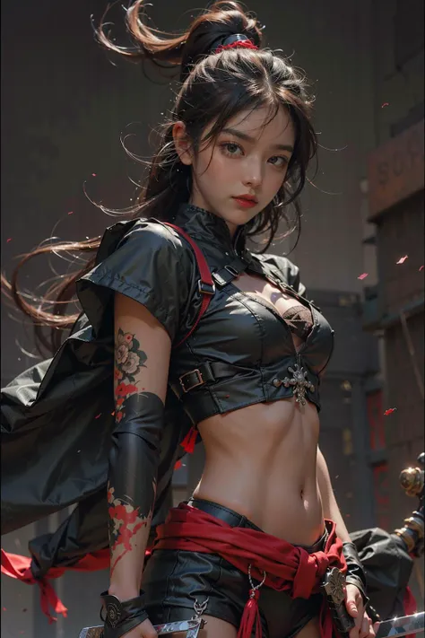 (RAW photo, 32K, realistic, exquisitely detailed skin), masterpiece, best quality, official art, unity 32K wallpaper, ultra detailed,(dark scene,low key,soft lighting), cinematic look,high saturation,best anatomy,volumetric Fog,
a samurai girl, slim body, full body,
1girl,weapon,swGoldd,long hair,pink black hair,holding,solo,holding weapon,(((Flat Chest))),A beautiful girl,blood,holding swGoldd,arm guards,simple background,blood on weapon,looking at viewer,black eyes,Gold,floating hair,