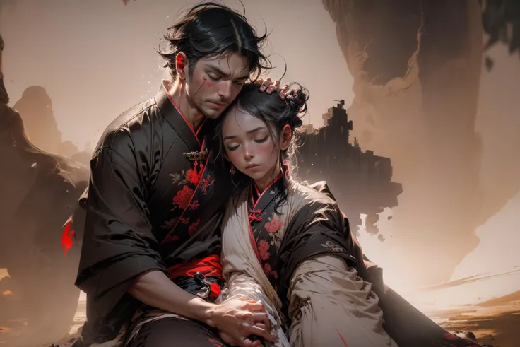 (best quality), extremely delicate and beautiful, Amazing, finely detail, masterpiece, ultra-detailed, highres,(best illustration), (best shadow),intricate,stunning skin details,sharp focus, volumetric fog, 8k UHD, DSLR, high quality, (film grain:1.4), fantasy,(black and (red) tone impression)
A man cradles a lifeless girl in his arms, standing amidst a tumultuous ancient battlefield in China <lora:add_detail:1> <lora:Smoke:0.8>