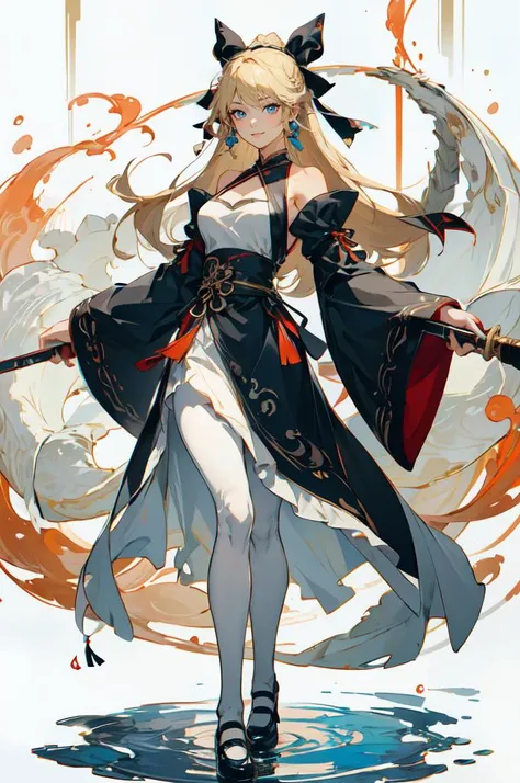 <lora:wuxia2:0.5> gu, wuxia, holding weapon, dragon, water, white and blue theme,, ultra detailed, masterpiece, best quality, solo, soft smile, light smile,
1girl, blue eyes, very long hair, blonde hair, long blonde hair, french braid, bangs, medium breasts,
hair ribbon, frilled choker, criss-cross halter, sleeveless dress, high-waist skirt, backless dress, waist bow, detached sleeves, frilled sleeves, wide sleeves, pantyhose, patterned legwear, mary janes,