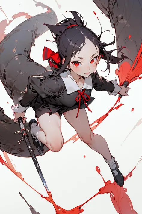 Best quality,masterpiece,ultra high res,1girl,beautiful_face,detailed skin,,gu,dragon,full body,,weapon,black hair,holding weapon,blood,arm guards,male focus,looking at viewer,black eyes,tabi,floating hairfull body,orange,,leaning forward, <lora:wuxia2:0.8>, kaguya_9