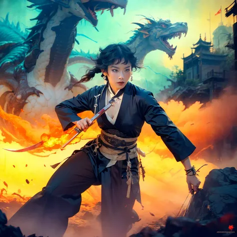 (((3/4 body shot))):1.8 of
(((1 young girl offensive pose ))) :1.9,
((wear mino boushi )),
((sword in hand)),in song dynasty,
((( summoning 1 translucent Chinese Dragon of fire smoke on background))):1.5,magic,lightning,flame,hair ornament, necklace, earrings, bracelet, armlet,((beautiful cloud)),((SFW)),
,((fantasy kungfu wuxia movie scene)):1.8,((medium breasts)),((slim waist)),
(RAW photo, best quality),(realistic, photo-realistic:1.3),extremely delicate and beautiful,Amazing,finely detail,masterpiece,ultra-detailed,highres
armored,sword,holding weapon,blood,holding sword,arm guards,blood on weapon,tabi,floating hair,full body,fantasy,ink strokes,explosions,over exposure,
((art by John Berkey and Jeremy Mann )) ,intense energy,(fogy:1.4),
sharp focus,volumetric fog,8k UHD,DSLR,high quality,(film grain:1.4),Fujifilm XT3,motion blur,((rim light)):1.4,((three point light)),
ultra high quality, photorealistic:1.4,
(fair skin):1.5,detail skin,perfect body proportion, perfect anatomy,((wallpaper)),
((detailed facial features)),detailed face,detailed eyes,detailed eye lashes, smooth skin , perfect eyes,expressive,
(brown short hair),
(shy look,blush),,
(((outdoor))), day time,sunshine,grass land, ancient building,
<lora:qishui_hen2:0.9:FACE>,<lora:wuxia2:0.6>,
<lora:epi_noiseoffset2:0.8>,splashes, explosion, commercial, hyperdetailed,<lora:splashes_v.1.1:0.9>