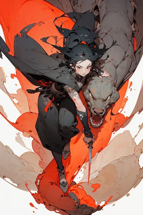 Best quality,masterpiece,ultra high res,1girl,beautiful_face,detailed skin,,gu,dragon,full body,,weapon,black hair,holding weapon,blood,arm guards,male focus,looking at viewer,black eyes,tabi,floating hairfull body,orange,,leaning forward, <lora:wuxia2:0.8>