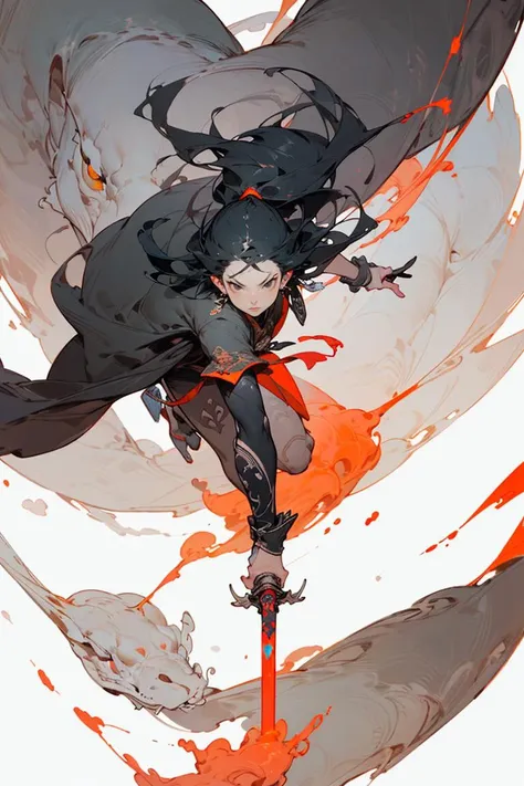 Best quality,masterpiece,ultra high res,1girl,beautiful_face,detailed skin,,gu,dragon,full body,,weapon,black hair,holding weapon,blood,arm guards,male focus,looking at viewer,black eyes,tabi,floating hairfull body,orange,,leaning forward, <lora:wuxia2:0.8>