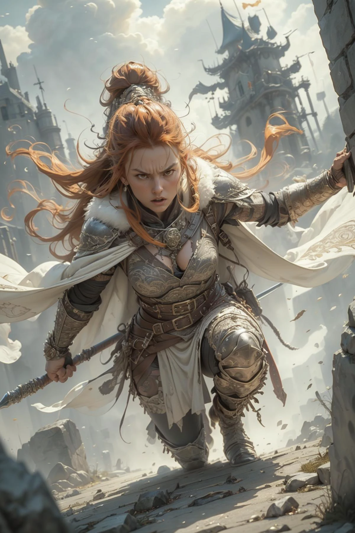 <lora:GoodHands-beta2:1>, (Style-DA:1.1), zrpgstyle, dungeons and dragons scene, medieval female barbarian with cape running into battle, orange hair, (angry face) leather and fur boots warriors and red banners, great stone castle (masterpiece) (best quality) (detailed) (intricate)
<lora:IvoryGoldAIv2:0.4> IvoryGoldAI,
<lora:emotion_happy_slider_v1:-1>,
<lora:hair_length_slider_v1:4>
<lora:Yanxin_ Swordswoman:0.4>,
<lora:wuxia2:0.4>