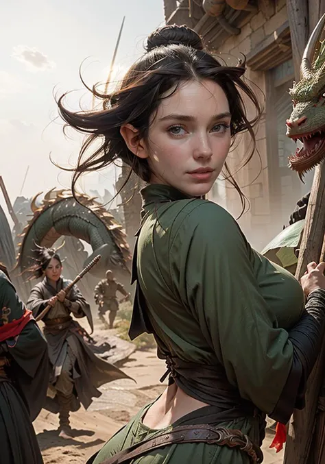 (dragon:1.3), dynamic angle, dynamic pose, perspective, foreshortening, undercut,   j3nn1f3r8 with dark hair and glowing pupils, solo, detailed face,  golden eyes,  covered in dirt,  wearing rags,  torn dress, escaped from a dungeon and now wanders in a grey wasteland,  Lord of the Rings,  Tolkien,  Hillmen,  Dunlending,  a huge dragon head in background,  (medium shot) <lora:j3nn1f3r8_v6-000005:1>
  <lora:wuxia2:0.8> wuxia, (smile:0.4), western clothes