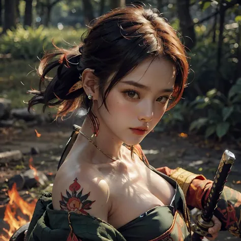 Best quality,masterpiece,ultra high res,(photorealistic:1.4)1boy,weapon,Katana,sword,(Green grid japanese clothes:1.2),short hair,red&black hair,katana,holding,solo,both hands holding weapon,blood,holding Katana,arm guards,complex background,(earrings with Sunrise Pattern:1.3), (A flame shaped tatoo on the forehead:1.2),(dragon floating in the air:0.6),fire,
front view,
<lora:add_detail:0.3> <lora:on_fire:0.3>