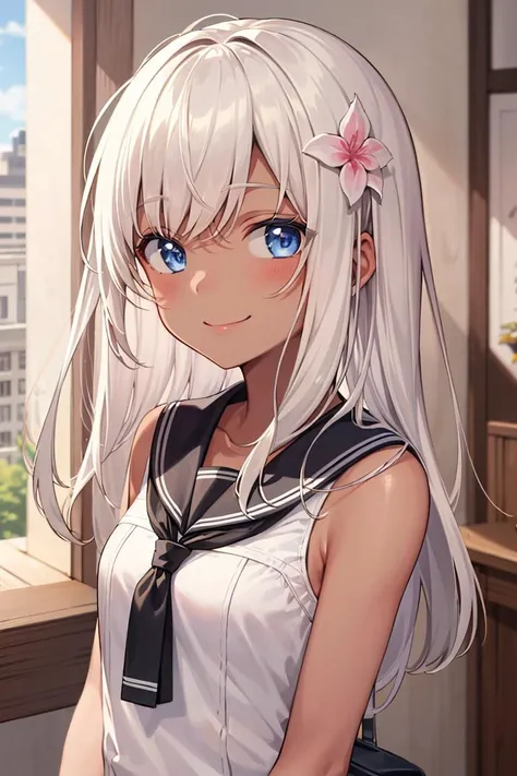((masterpiece,best quality)), absurdres,
solo, 1girl, upper body, looking at viewer, smile, <lora:ro500_v2-000018:1>, ro500, long hair, hair flower, tan, serafuku, dark skin,