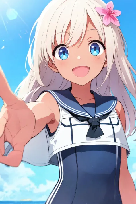 best quality, ultra detailed, ro500, long hair, hair flower, tan, one-piece swimsuit, sailor collar, happy, :D, looking at viewer, cowboy shot, beckoning, <lora:ro500_v2-000018:1>