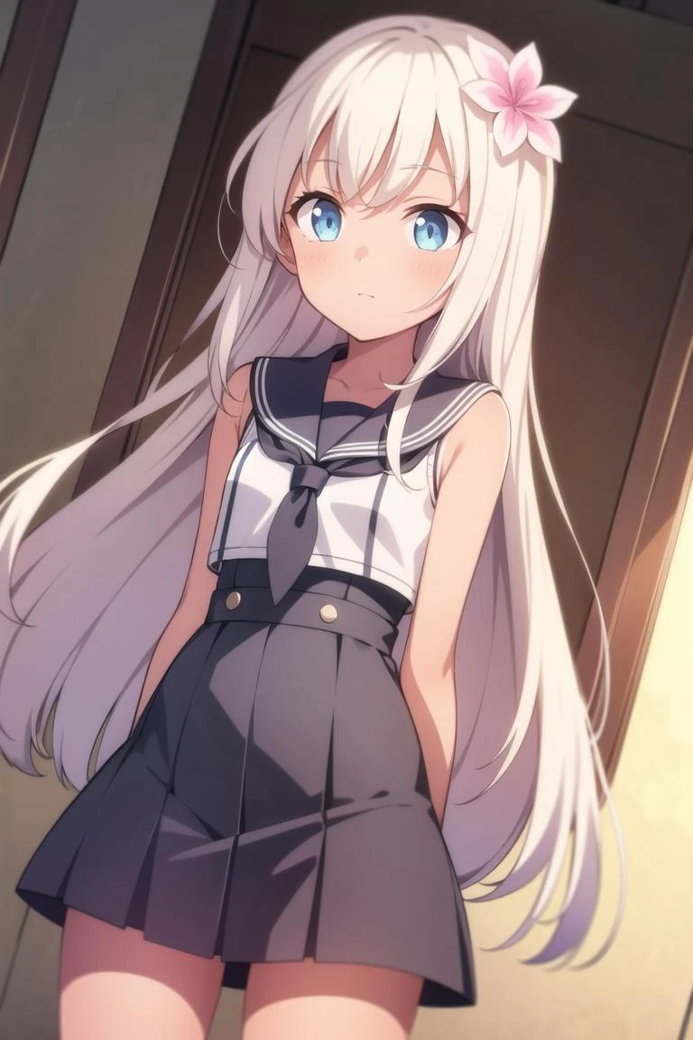 solo, 1girl, cowboy shot, looking at viewer, <lora:ro500_v2-000018:1>, ro500, long hair, hair flower, tan, serafuku