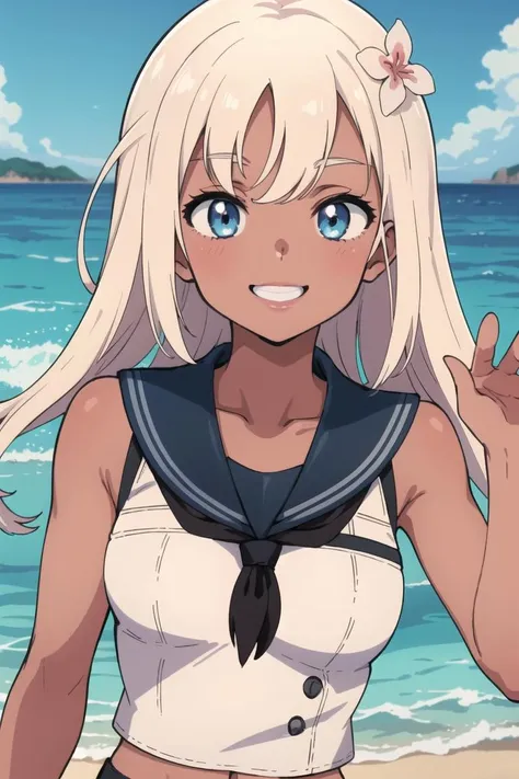 ((masterpiece,best quality)), absurdres,
solo, 1girl, upper body, looking at viewer, smile, <lora:ro500_v2-000018:1>, ro500, long hair, hair flower, tan, serafuku
dark skin, beach and ocean in background, cinematic composition, dynamic pose