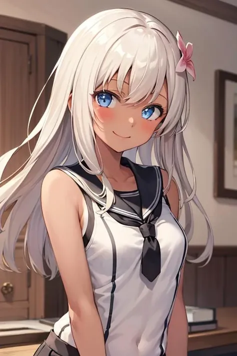 ((masterpiece,best quality)), absurdres,
solo, 1girl, upper body, looking at viewer, smile, <lora:ro500_v2-000018:1>, ro500, long hair, hair flower, tan, serafuku, dark skin,